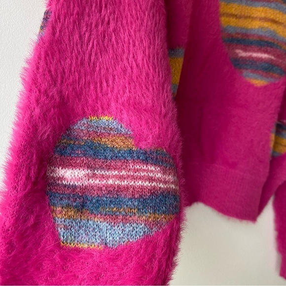Just In// Fuzzy Heart Rainbow Magenta Semi Crop Sweater - Picture 8 of 15